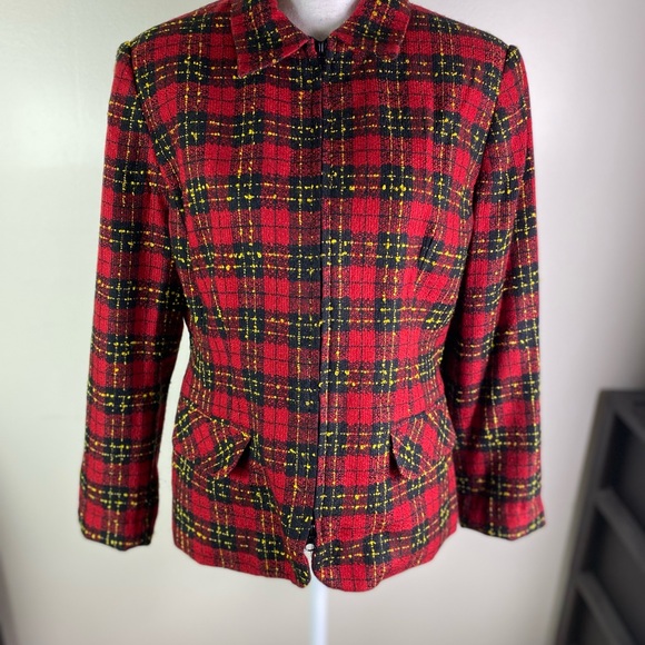 Sag Harbor women vintage full zip plaid lined knit blazer Sz 12 pockets red - Picture 2 of 8